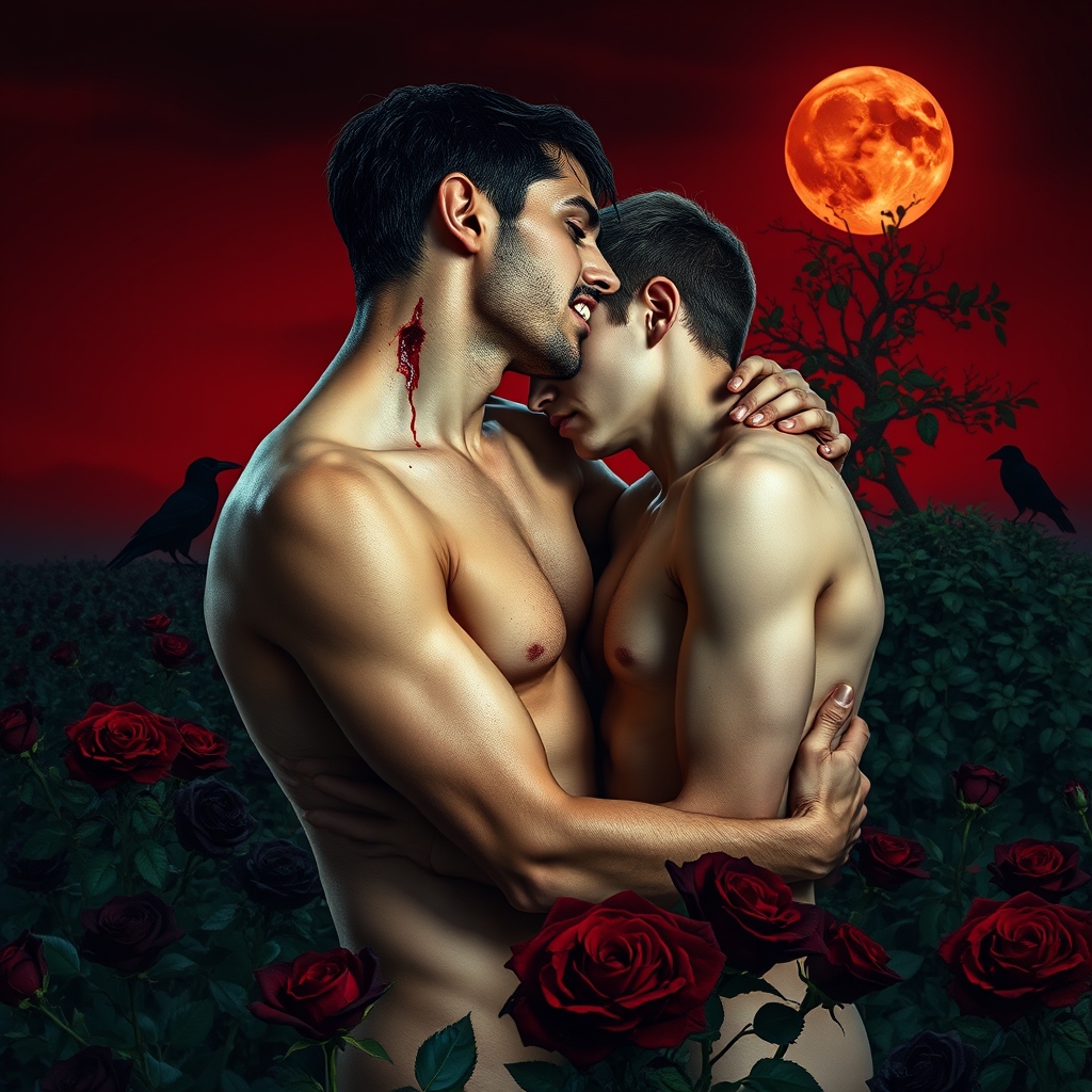 A naked tan, middle Eastern male Vampire with his fangs out 