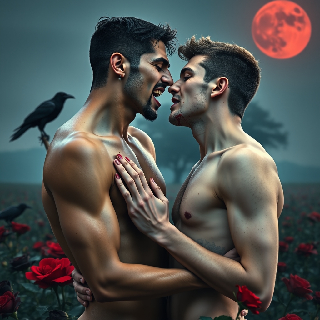 A naked tan, middle Eastern male Vampire with his fangs out 