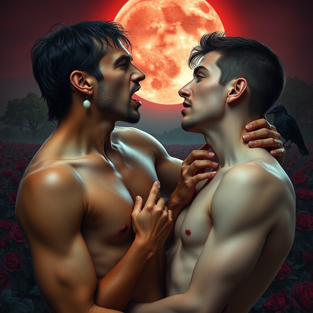 A naked tan, middle Eastern male Vampire with his fangs out 