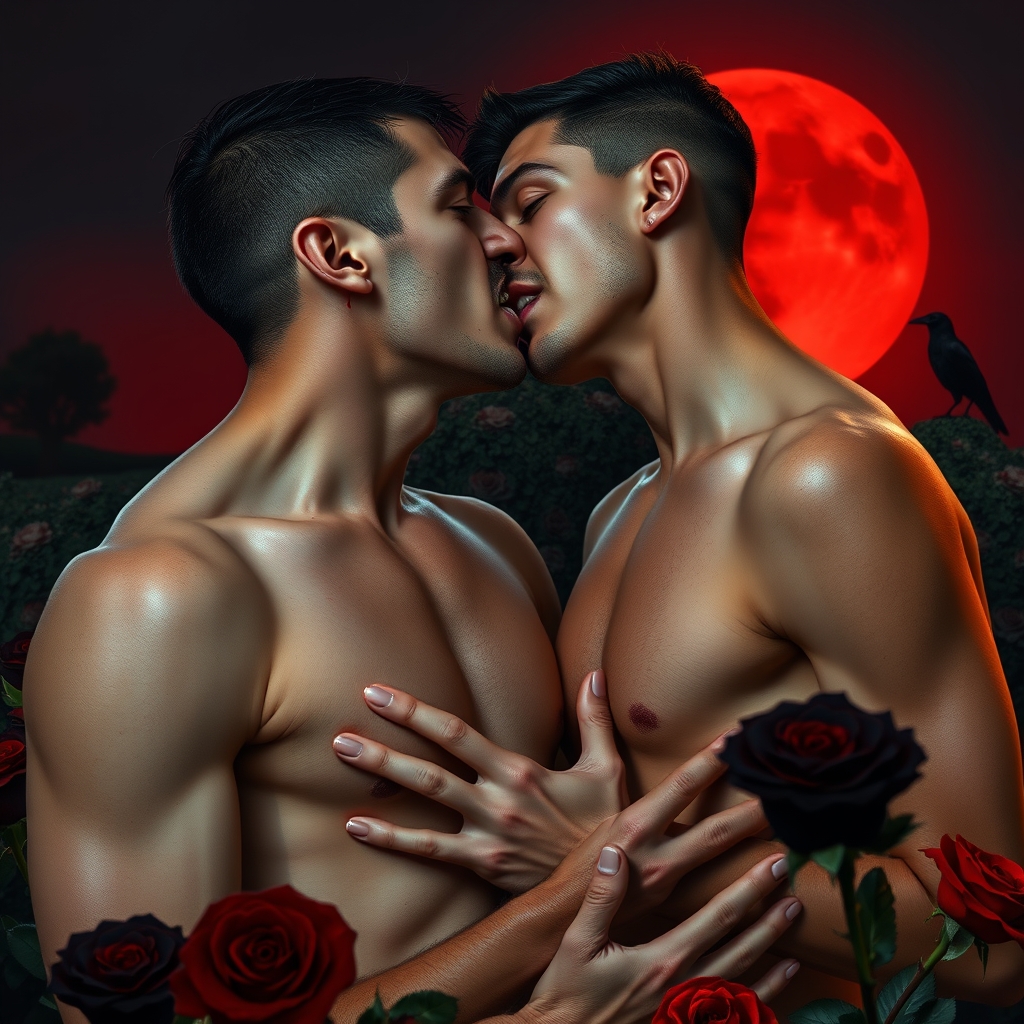 A naked tan, middle Eastern male Vampire with his fangs out 