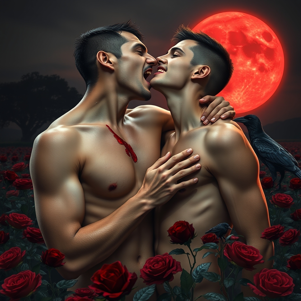 A erect naked tan, middle Eastern male Vampire with his fang