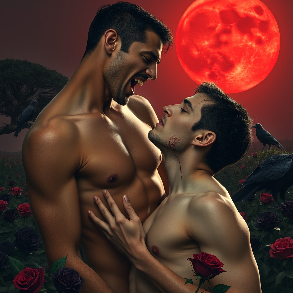 A erect naked tan, middle Eastern male Vampire with his fang