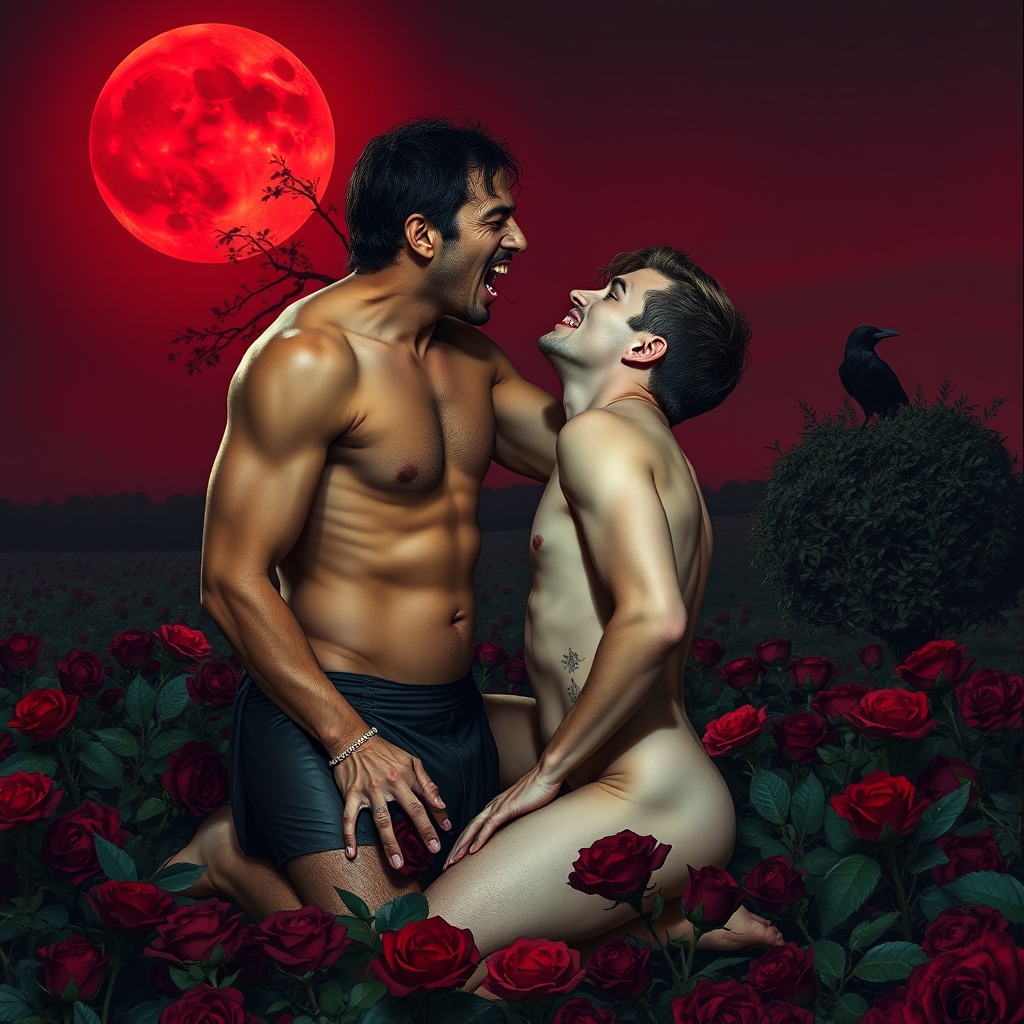 A erect naked tan, middle Eastern male Vampire with his fang