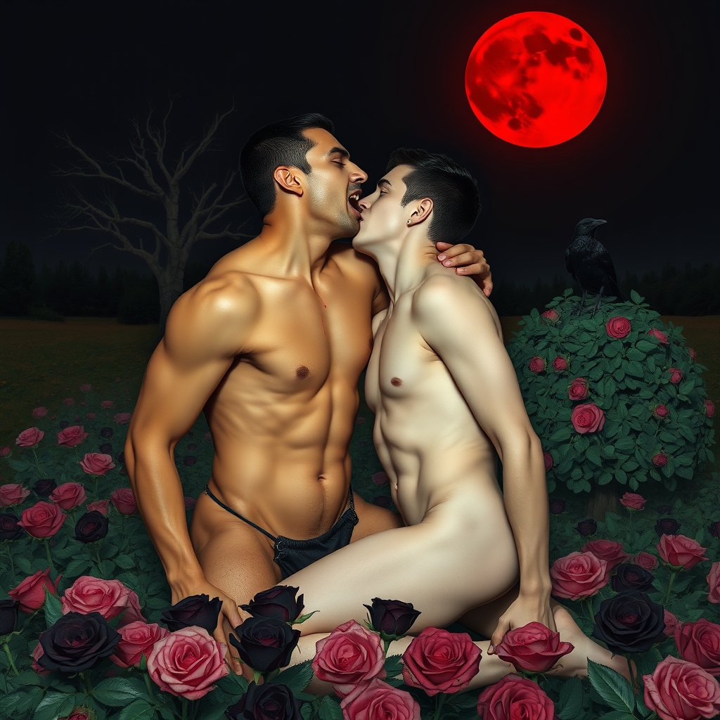 A erect naked tan, middle Eastern male Vampire with his fang