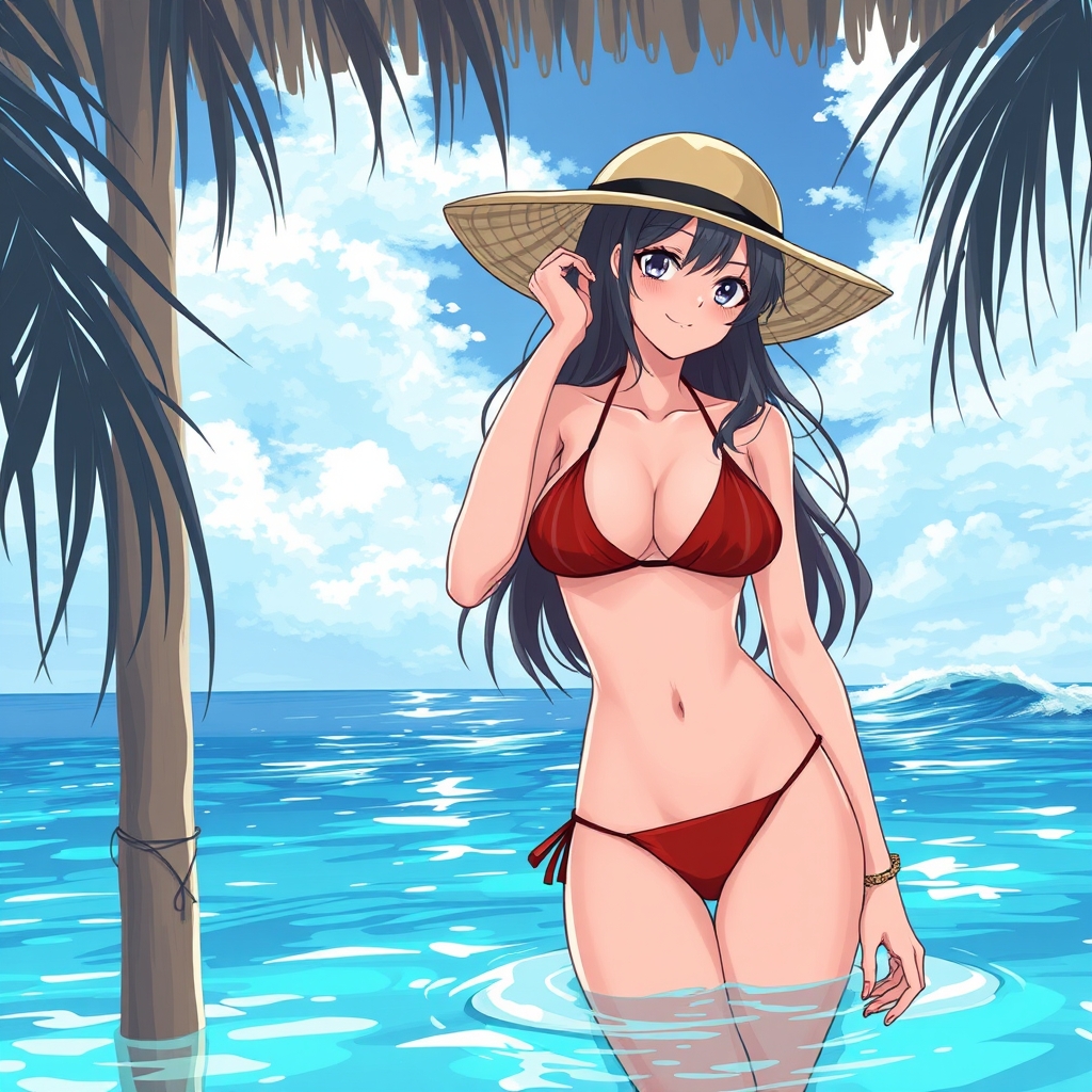 Woman wearing nothing but a bikini that shows too much boob