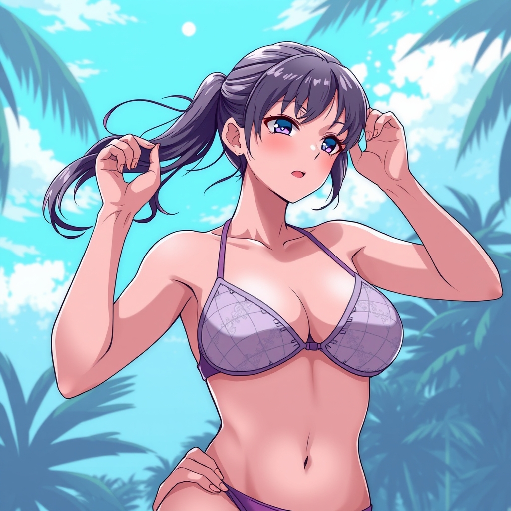 Woman wearing nothing but a bikini top that shows too much b