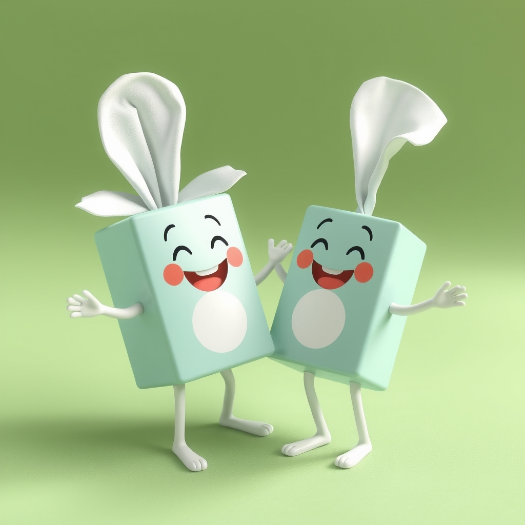 Lotion and tissuebox that have legs while smiling