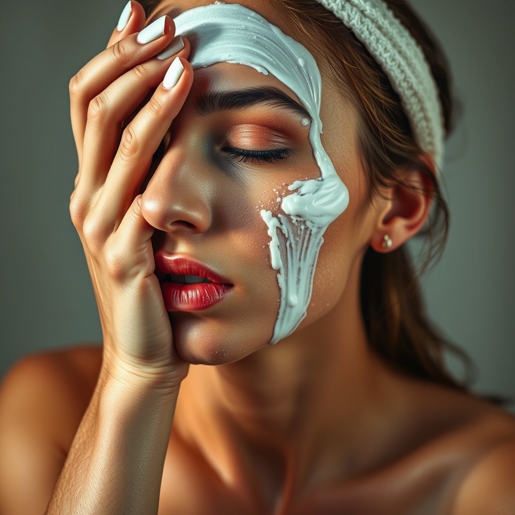 Woman, kneeling, lotion sprinkled on her face