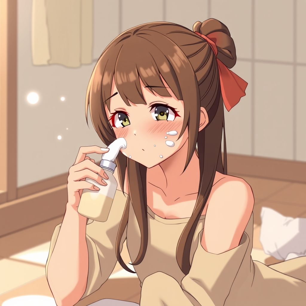 Girl with lotion sprinkled on her face while kneeling