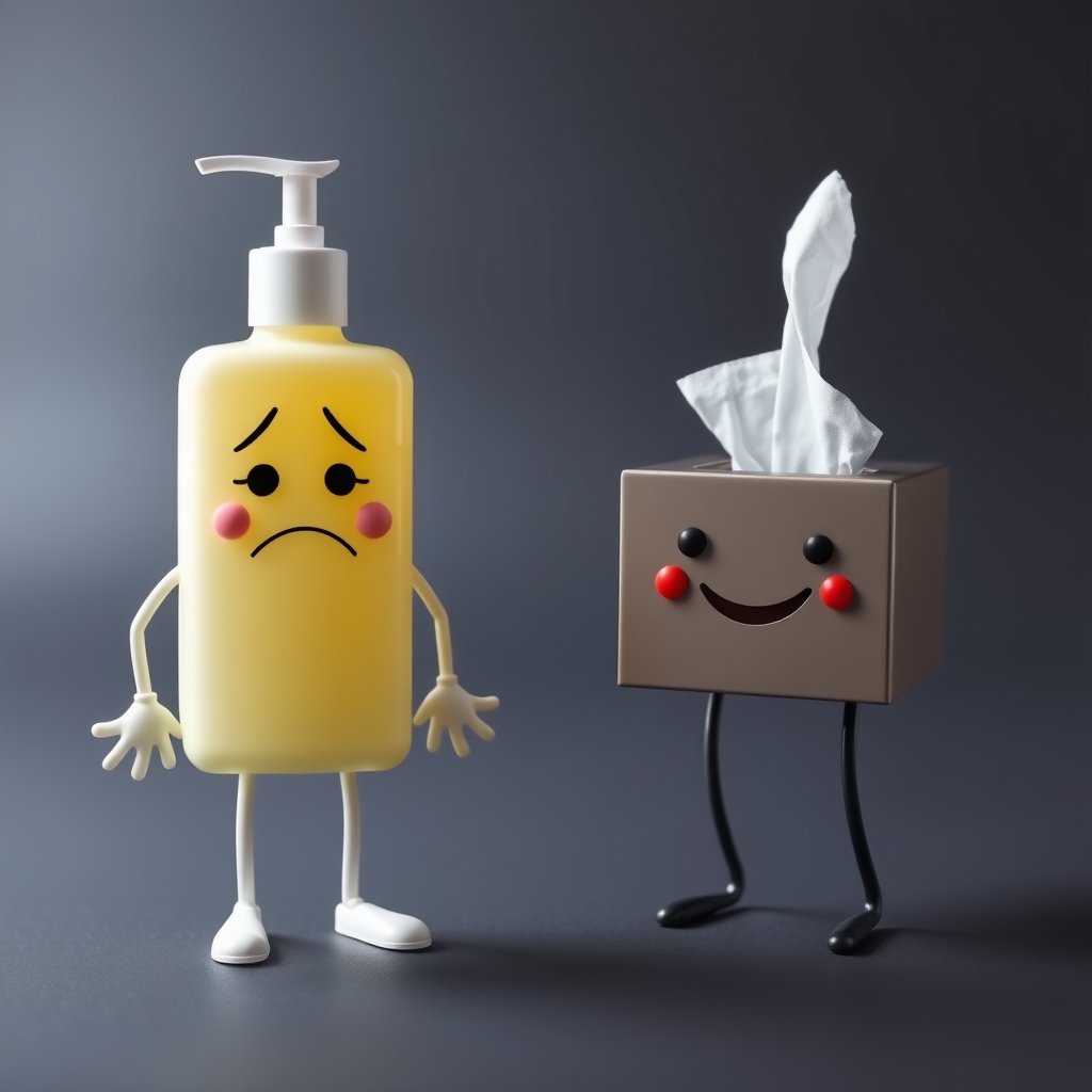 Lotion bottle with legs with a frustrated face, tissuebox wi