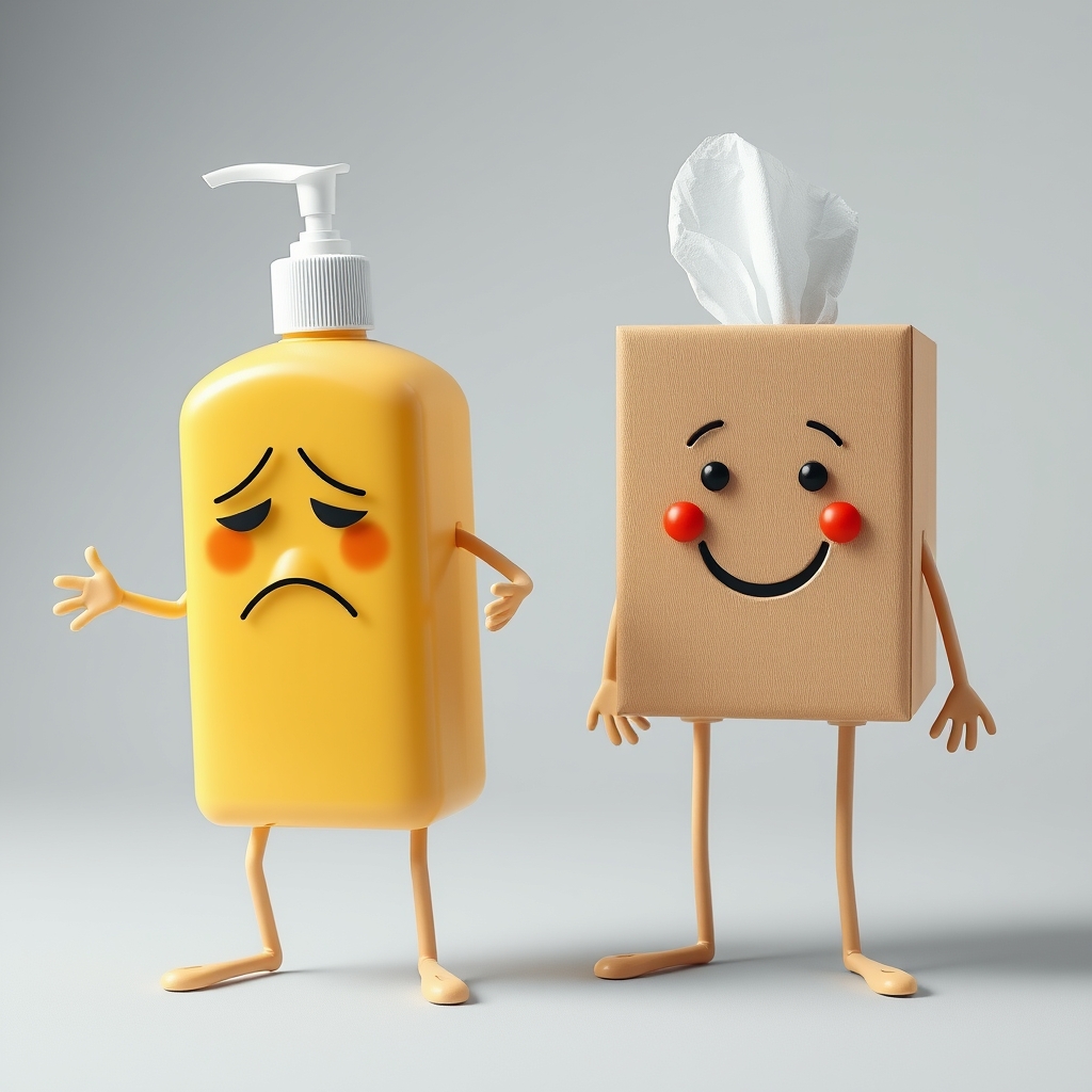 Lotion bottle with legs with a frustrated face, tissuebox wi