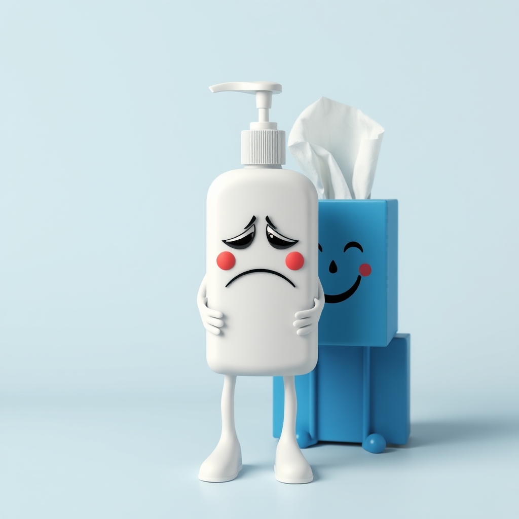 White Lotion bottle with legs with a frustrated face, blue t