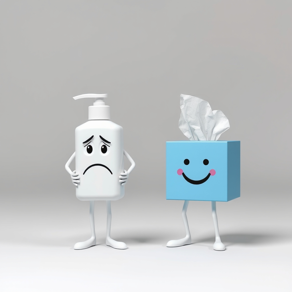 White Lotion bottle with legs with a frustrated face, blue t