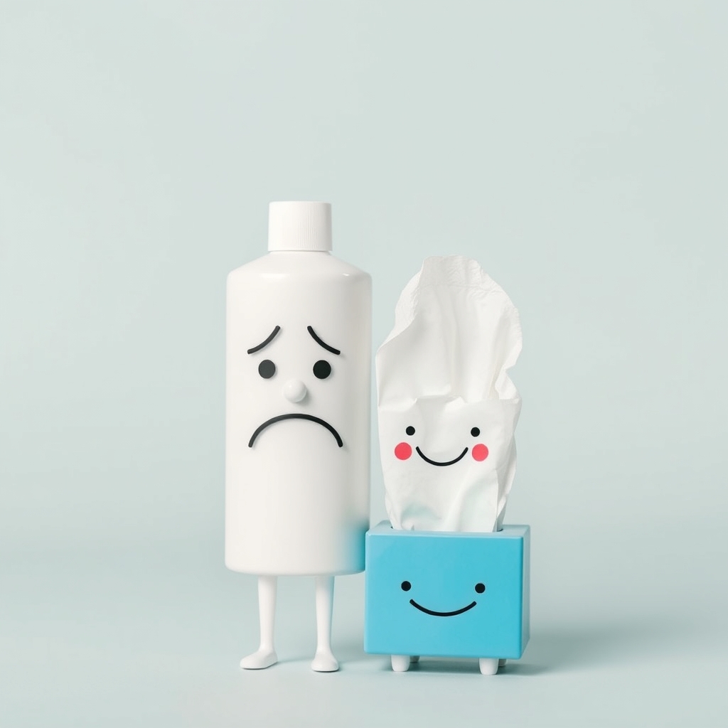 White Lotion bottle with legs with a frustrated face, blue t