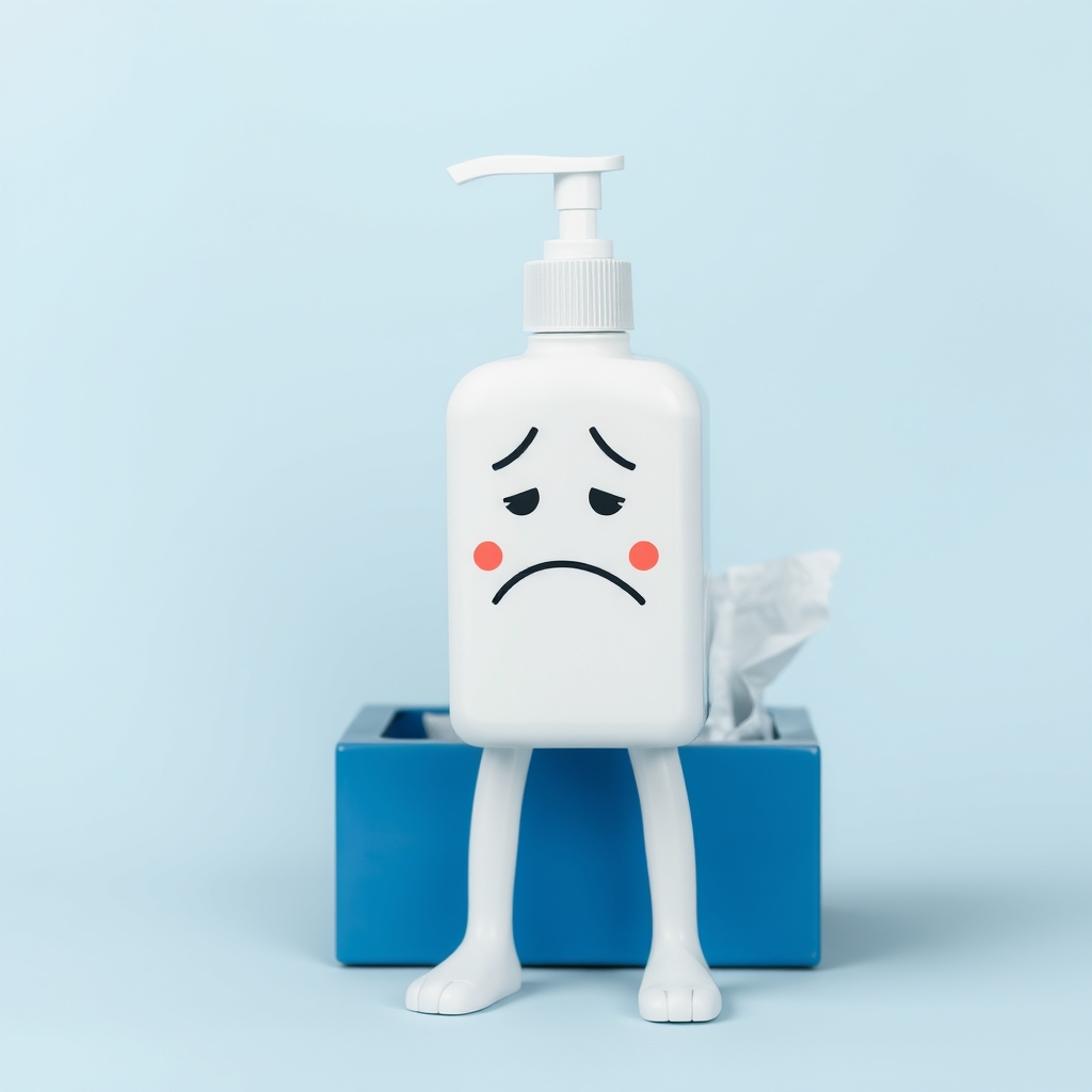 White Lotion bottle with legs with a frustrated face, blue t