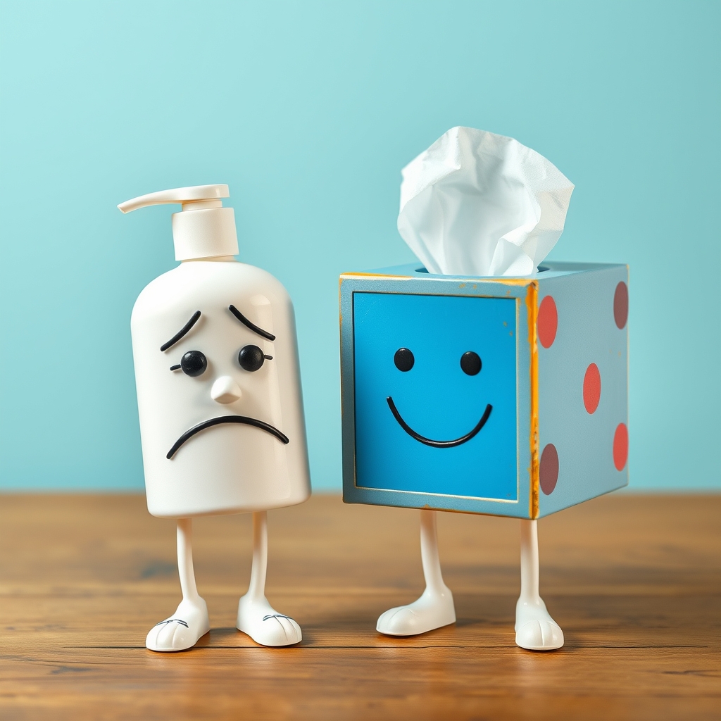 White Lotion bottle with legs with a frustrated face, blue t