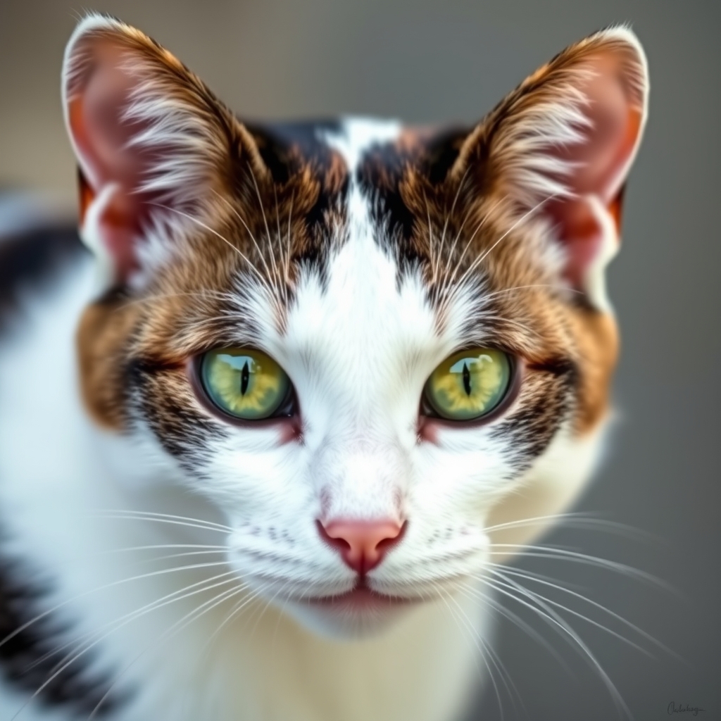 Cat with white fur and dark spots, green eyes