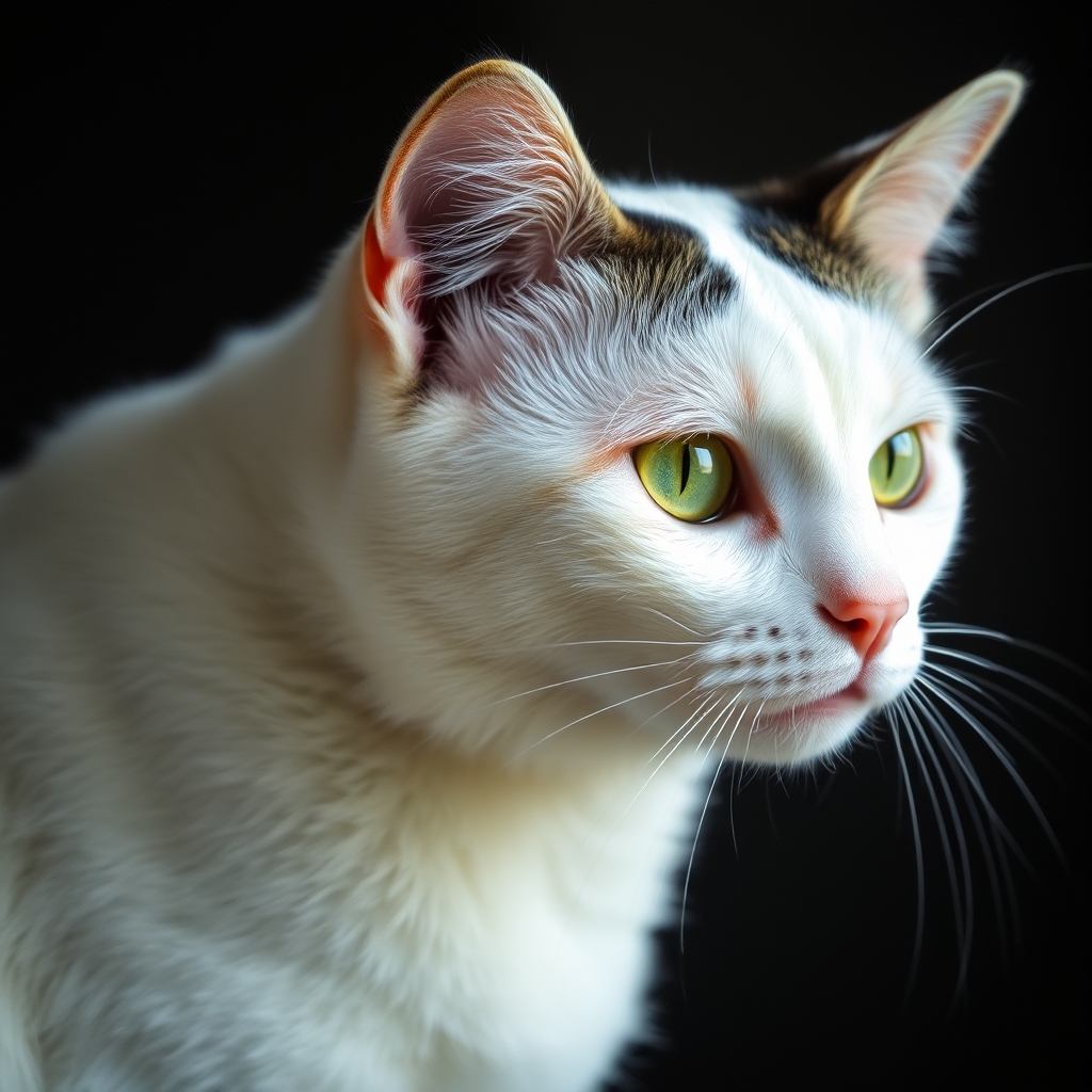 Cat with white fur and dark spots, green eyes