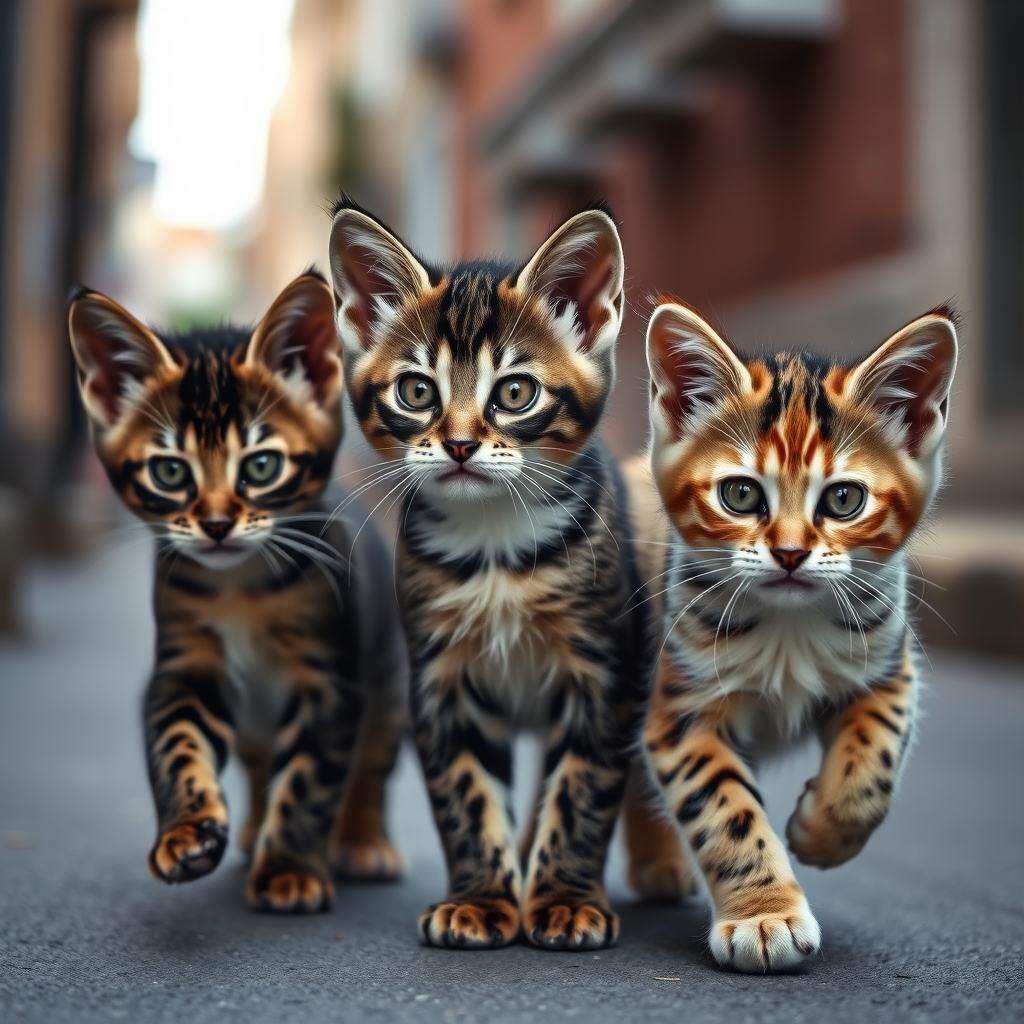 3 kittens with black spots, green eyes, walking on a street