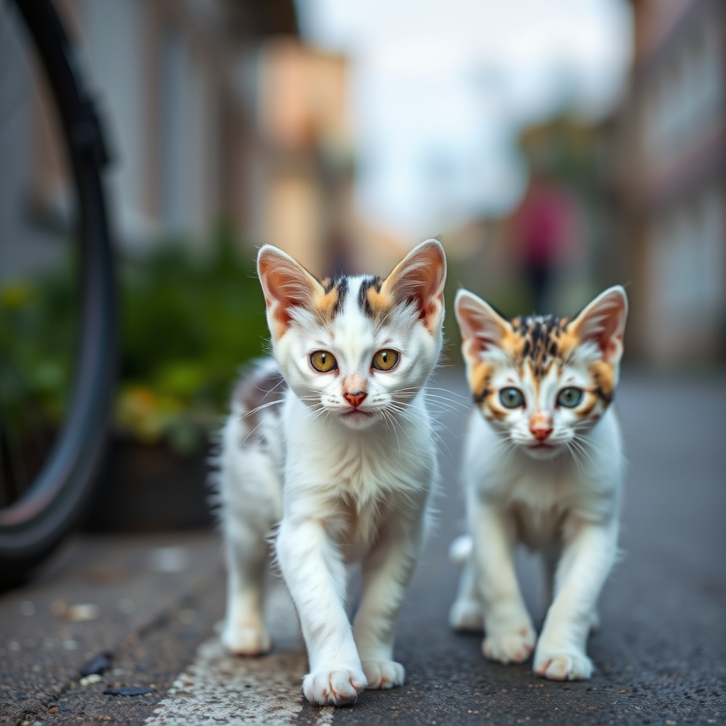 3 kittens white fur with black spots, green eyes, walking on