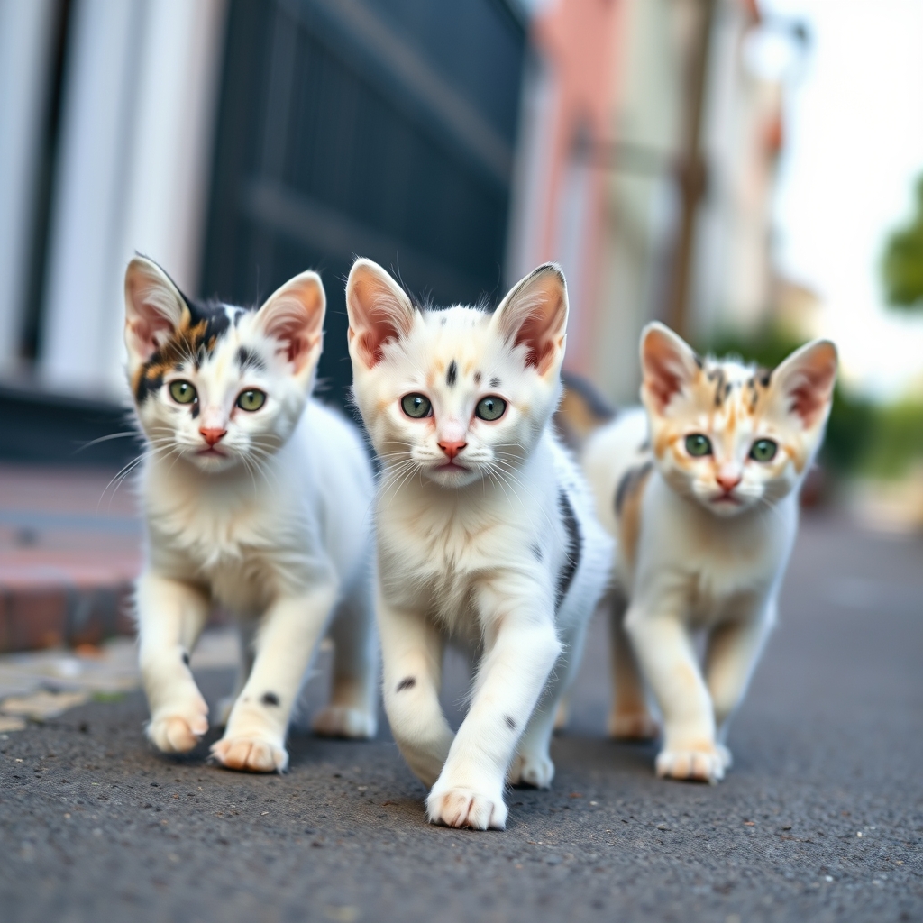 3 kittens white fur with black spots, green eyes, walking on