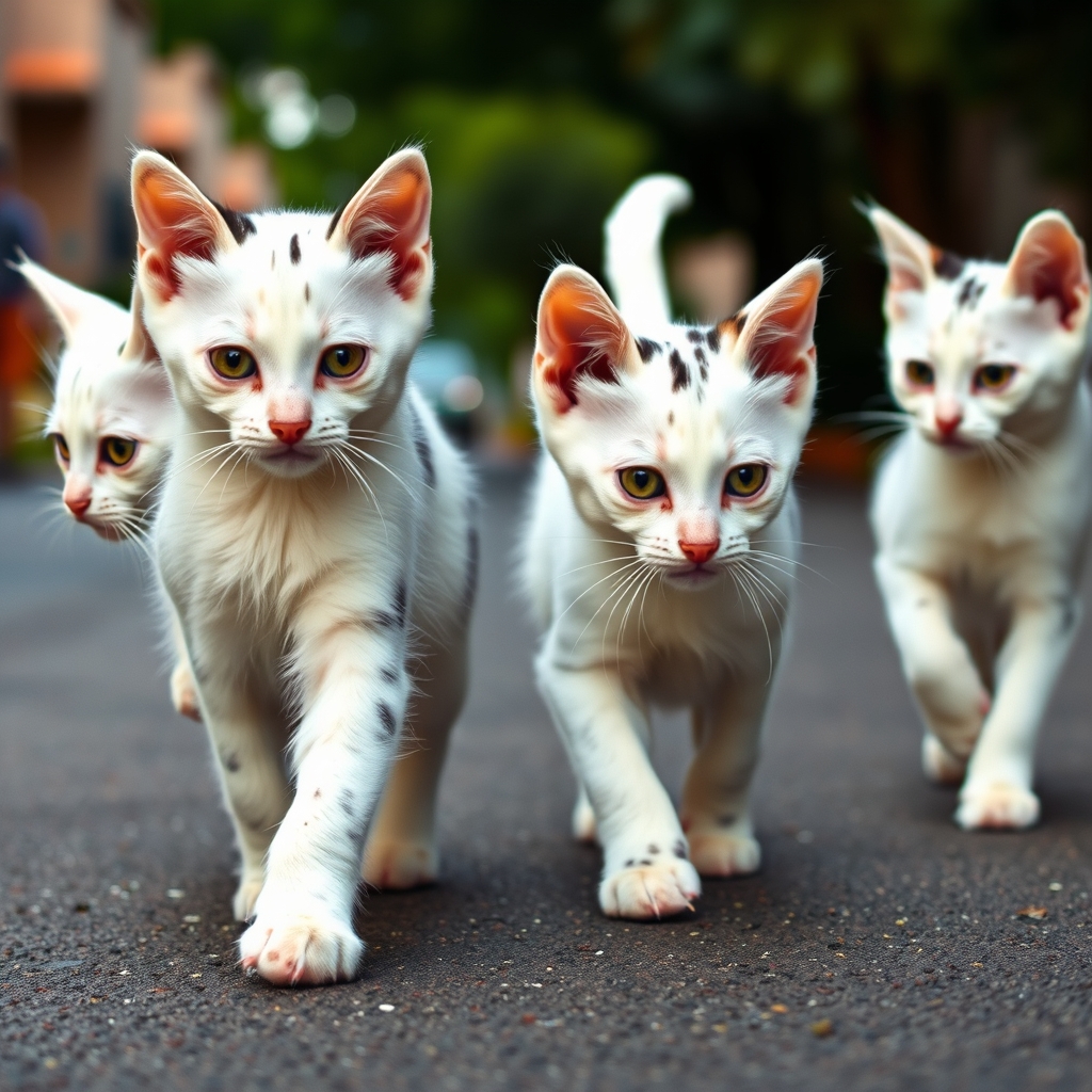 3 kittens white fur with black spots, green eyes, walking on