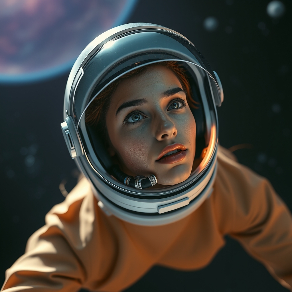 a beautiful female floating in space with only her helmet on