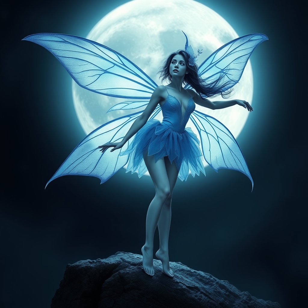 The moon in the background a blue fairy nymph with sheer see