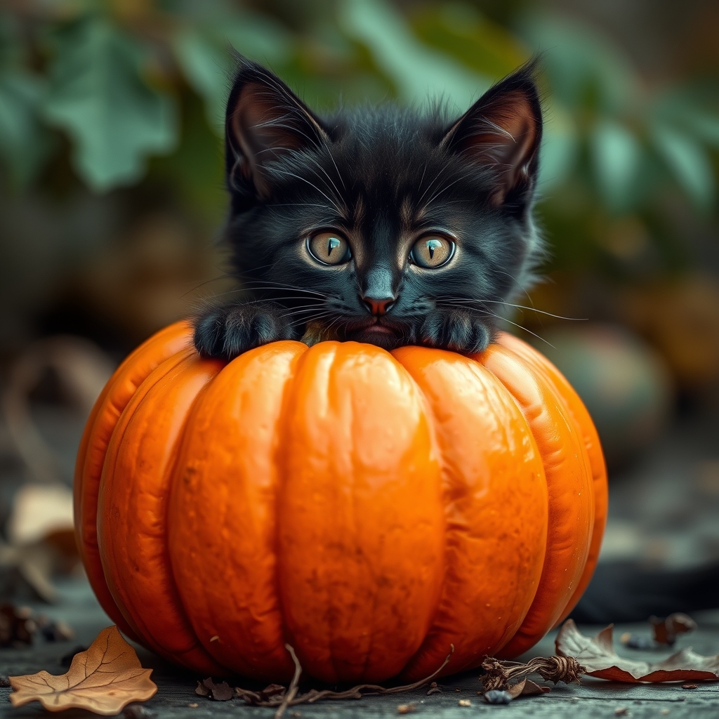 Black kitten with a pumpkin