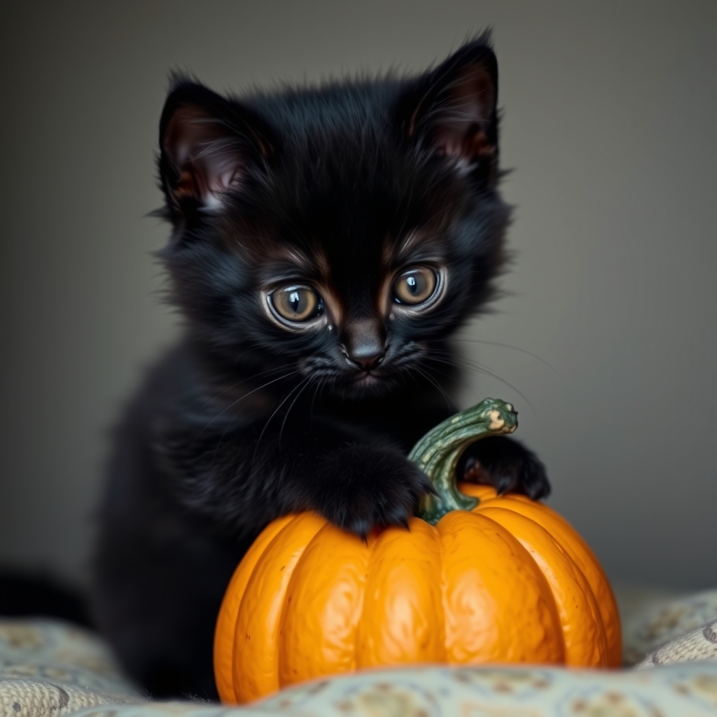 Black kitten with a pumpkin