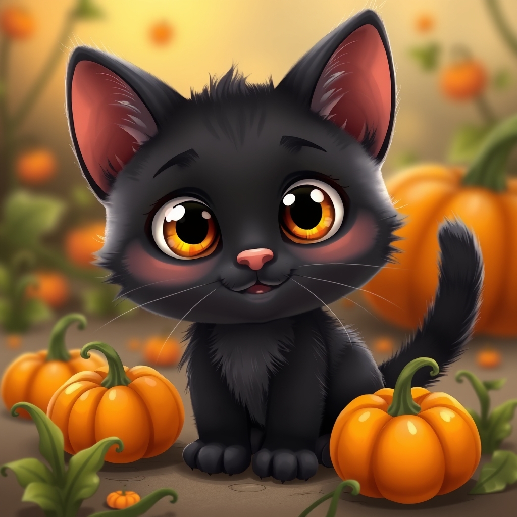 Animated Black kitten with big eyes and with multiple pumpki