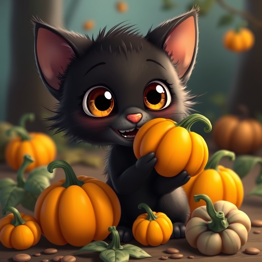 Animated Black kitten with big eyes and with multiple pumpki