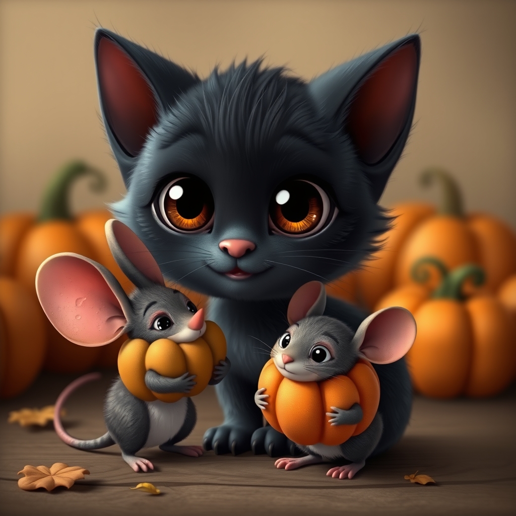 Animated Black kitten with big eyes and a mouse with multipl