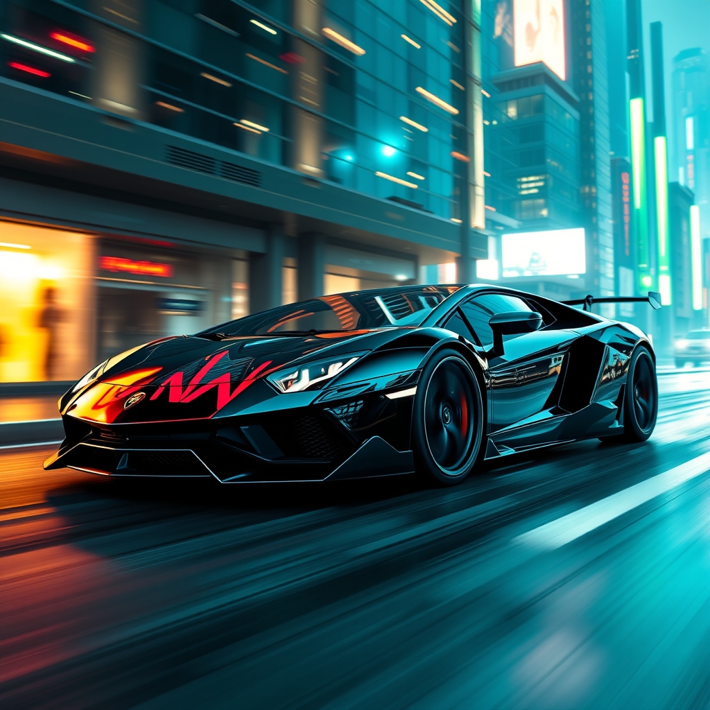 A Lamborghini car racing in cyber city