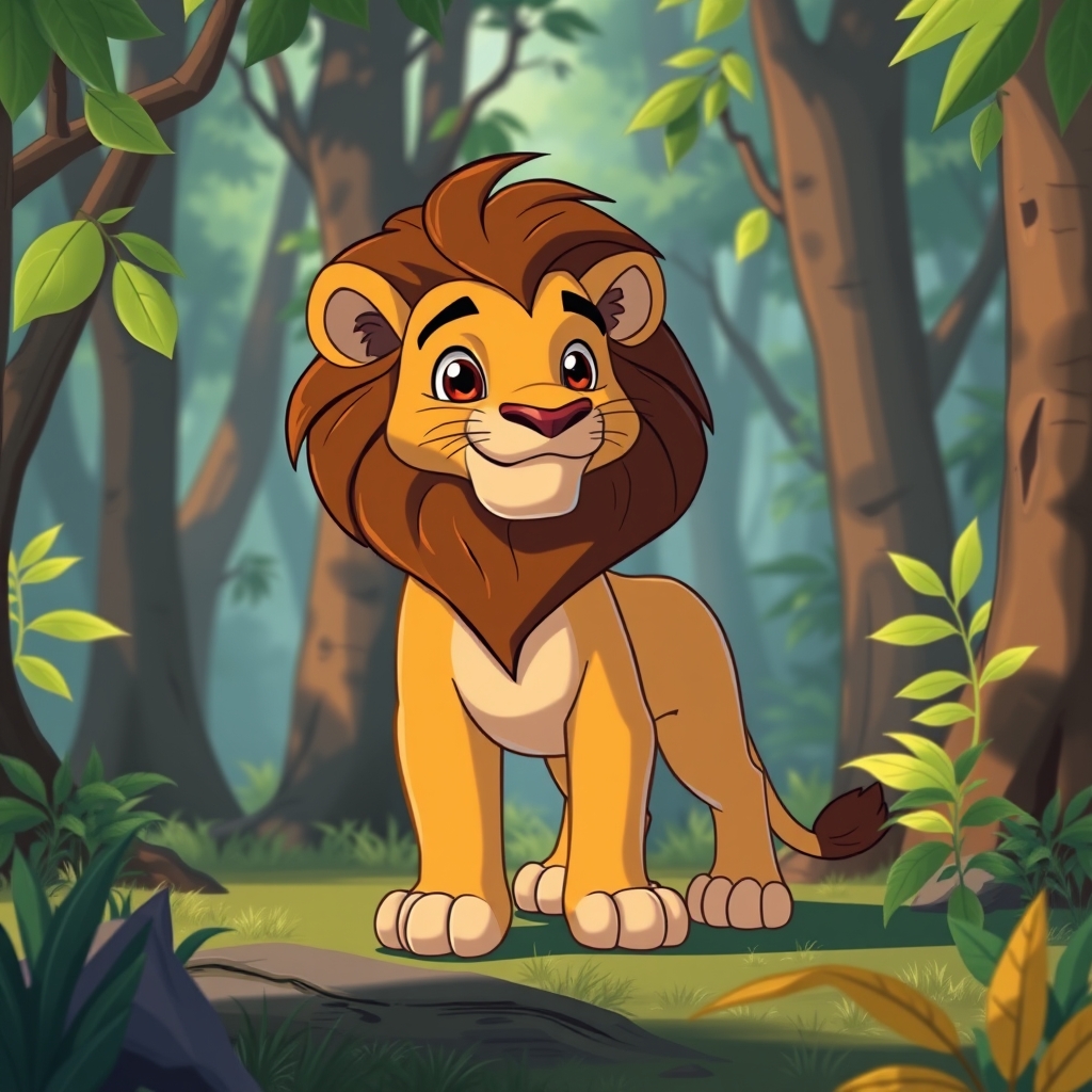 A cartoon animated lion standing in forest