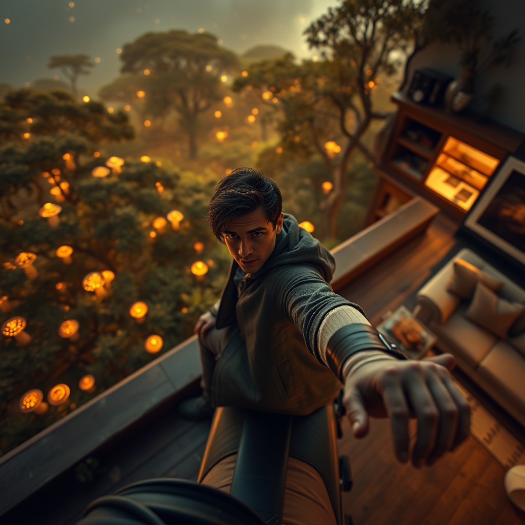 Cinematic, poses dramatically on a rooftop as Enchanted fore