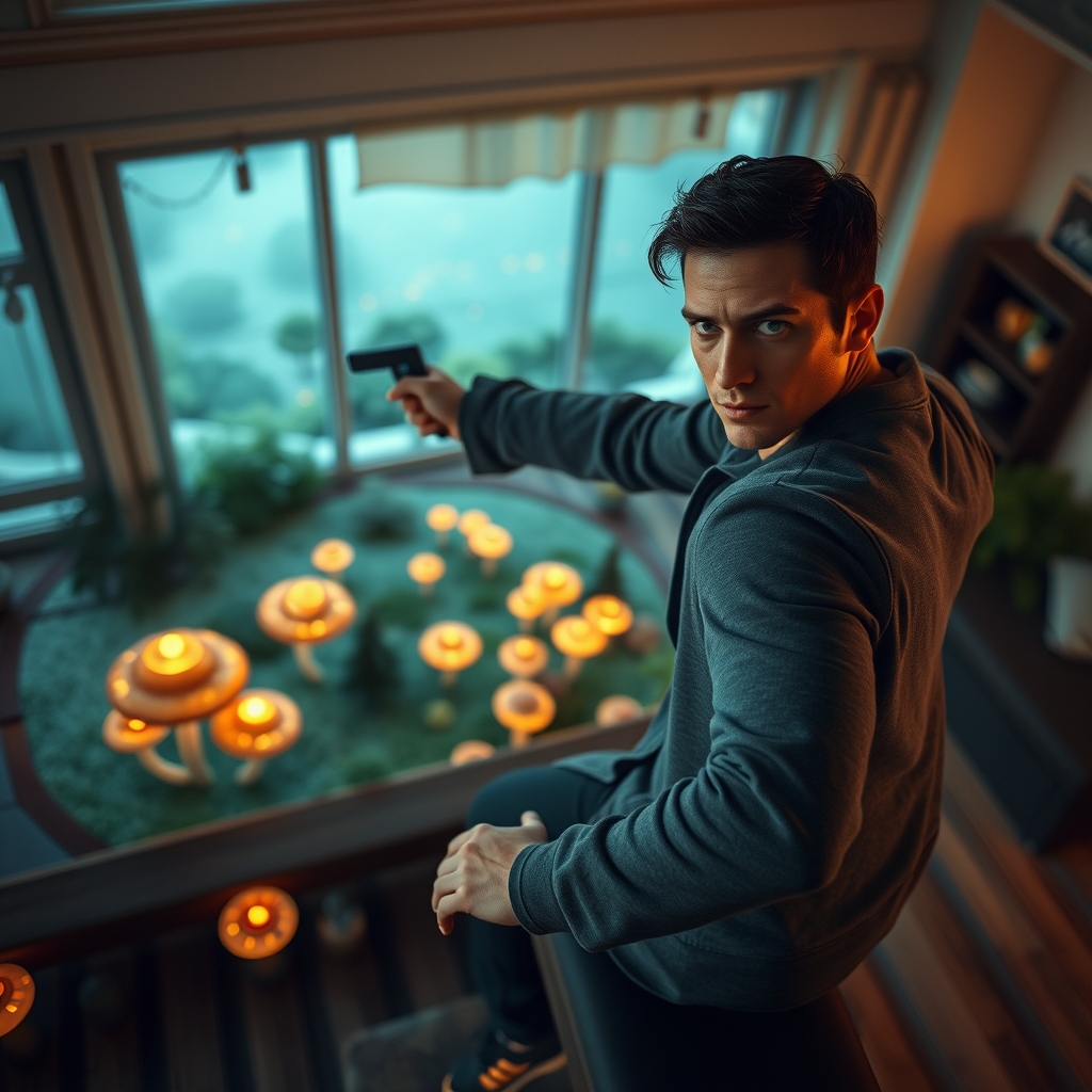 Cinematic, poses dramatically on a rooftop as Enchanted fore