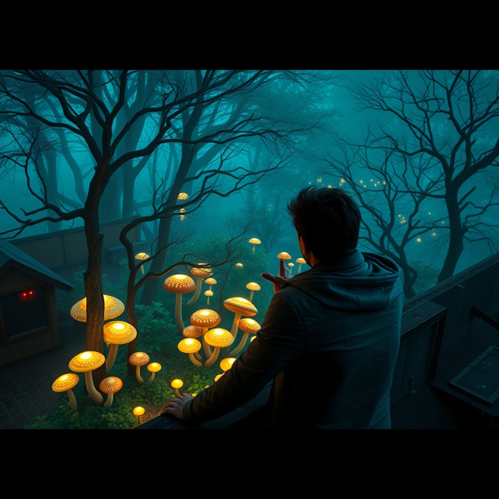 Cinematic, poses dramatically on a rooftop as Enchanted fore