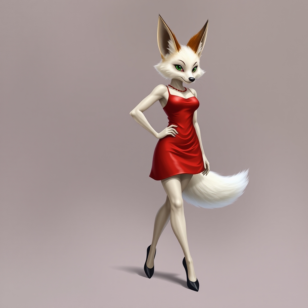 a anthropomorphic female arctic fox wearing a red tank top d