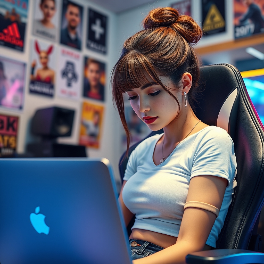 a young woman with brown hair in a bun, bangs, freckles, wea