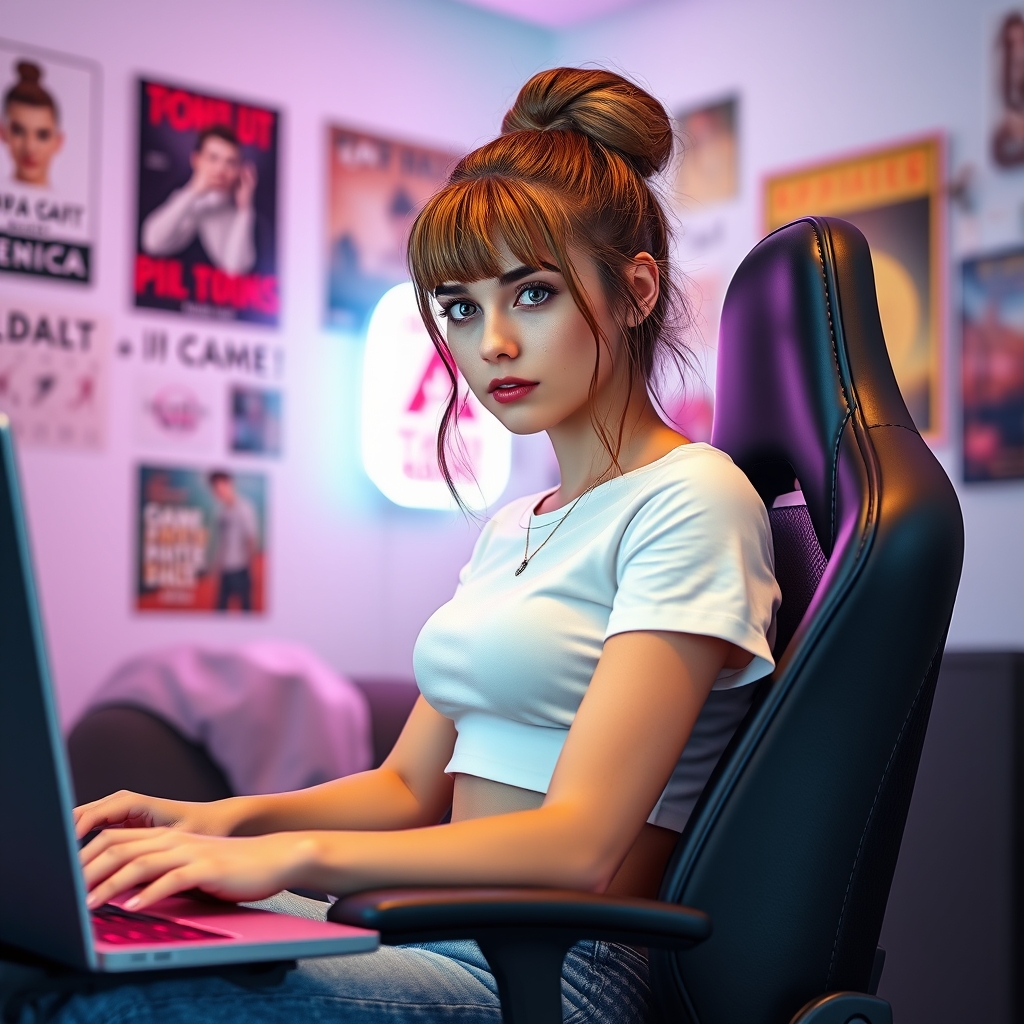 a young woman with brown hair in a bun, bangs, freckles, wea