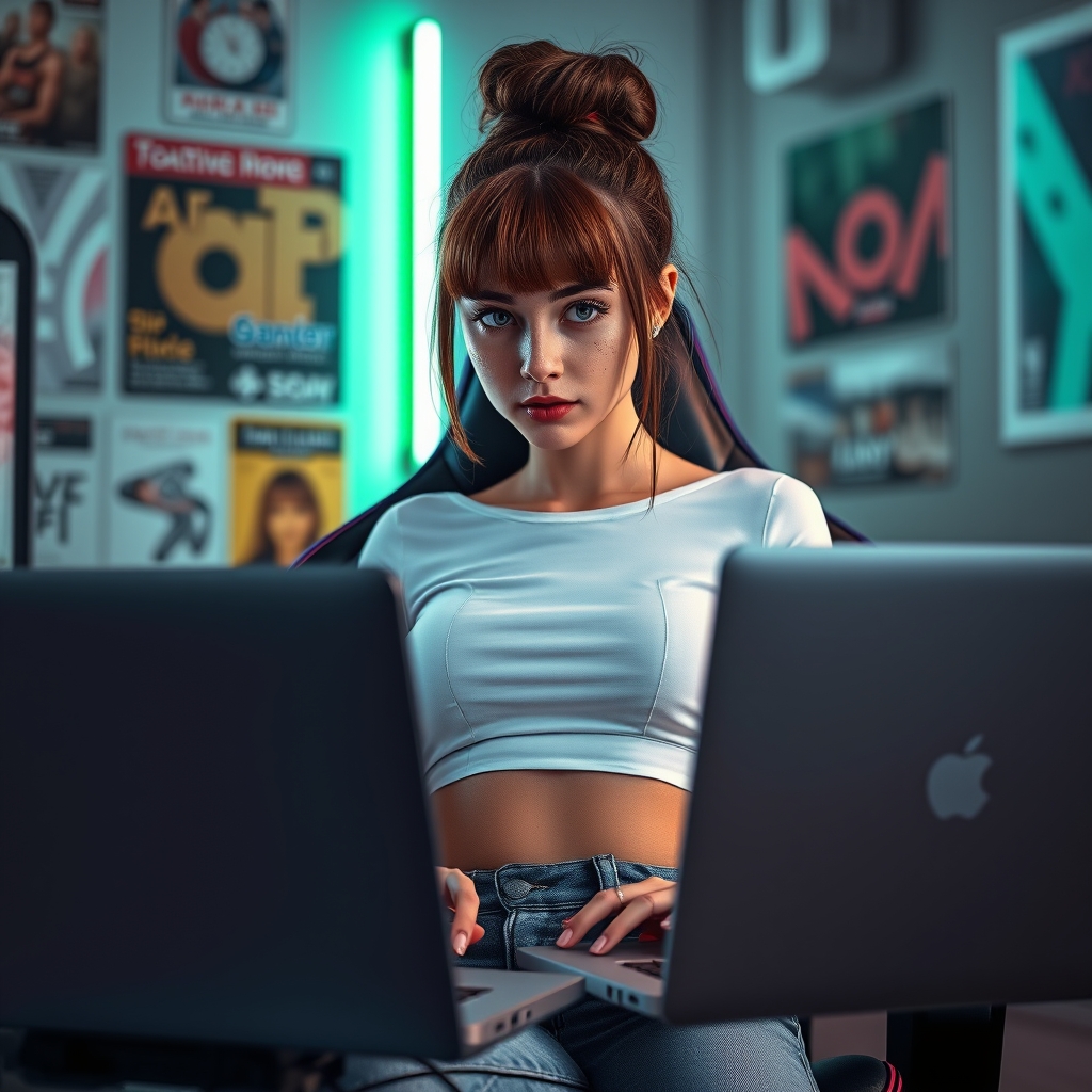 a young woman with brown hair in a bun, bangs, freckles, wea