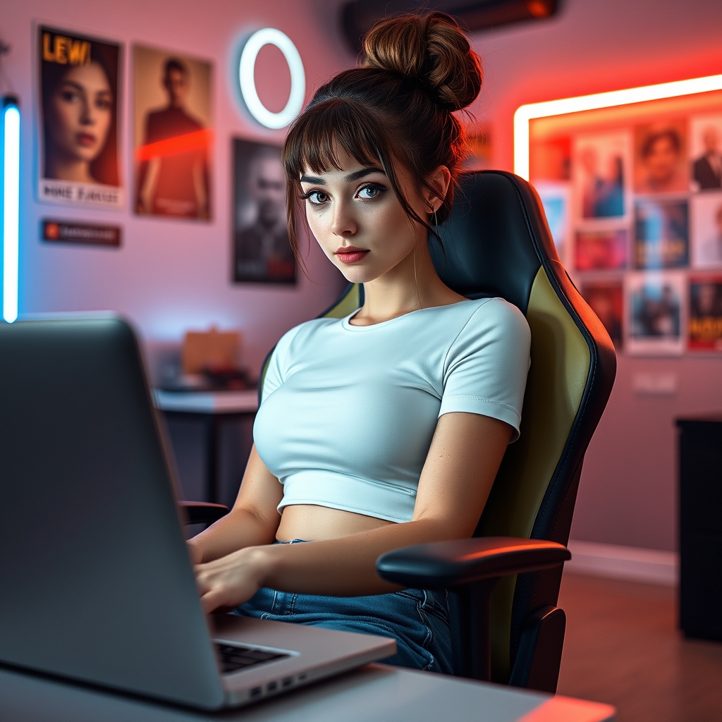a young woman with brown hair in a bun, bangs, freckles, wea