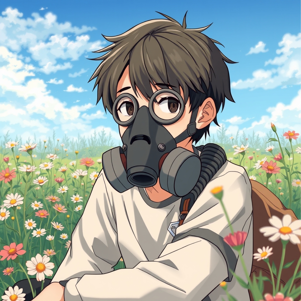 Asian boy with gas mask sitting in field of flowers