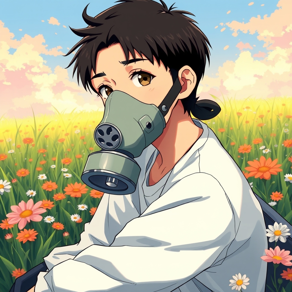 Asian boy with gas mask sitting in field of flowers