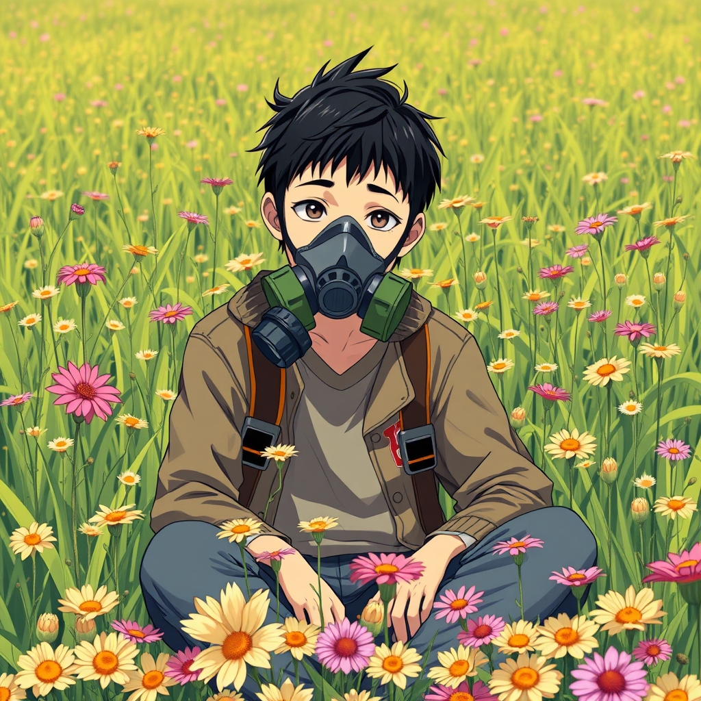 Asian boy with gas mask sitting in field of flowers