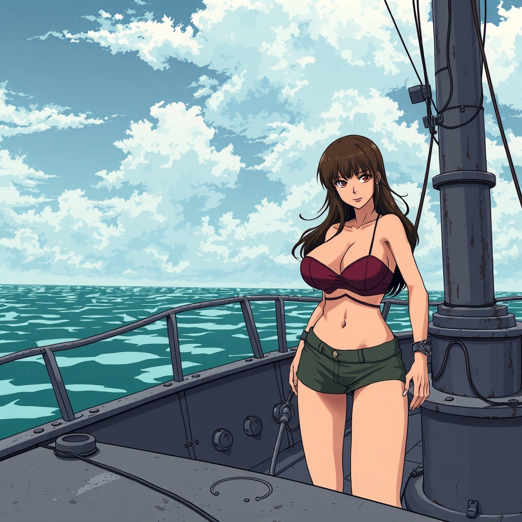 revy (black lagoon) , medium far shot, bored, large breasts 