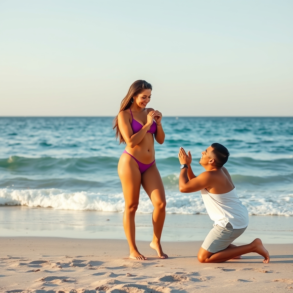 hispanic woman at the beach in a swimsuit proposing to noone