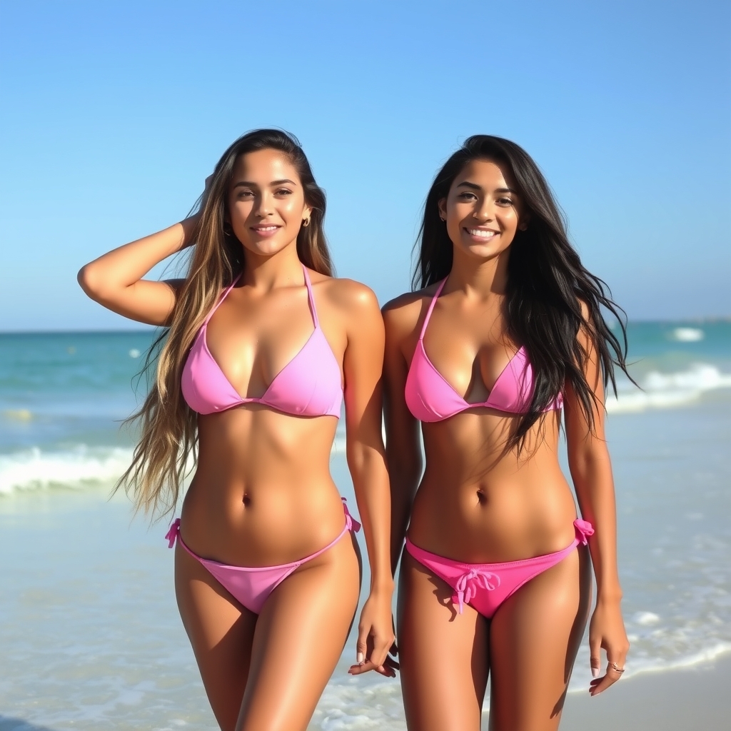 2 hispanic girls at the beach that are 20 year old wearing p